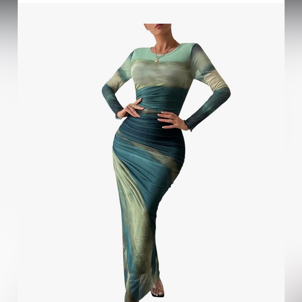 Tie-Dye Maxi Dress Sheer Mesh Swimsuit Coverup Size XL Stretchy Long Sleeves - Picture 4 of 13